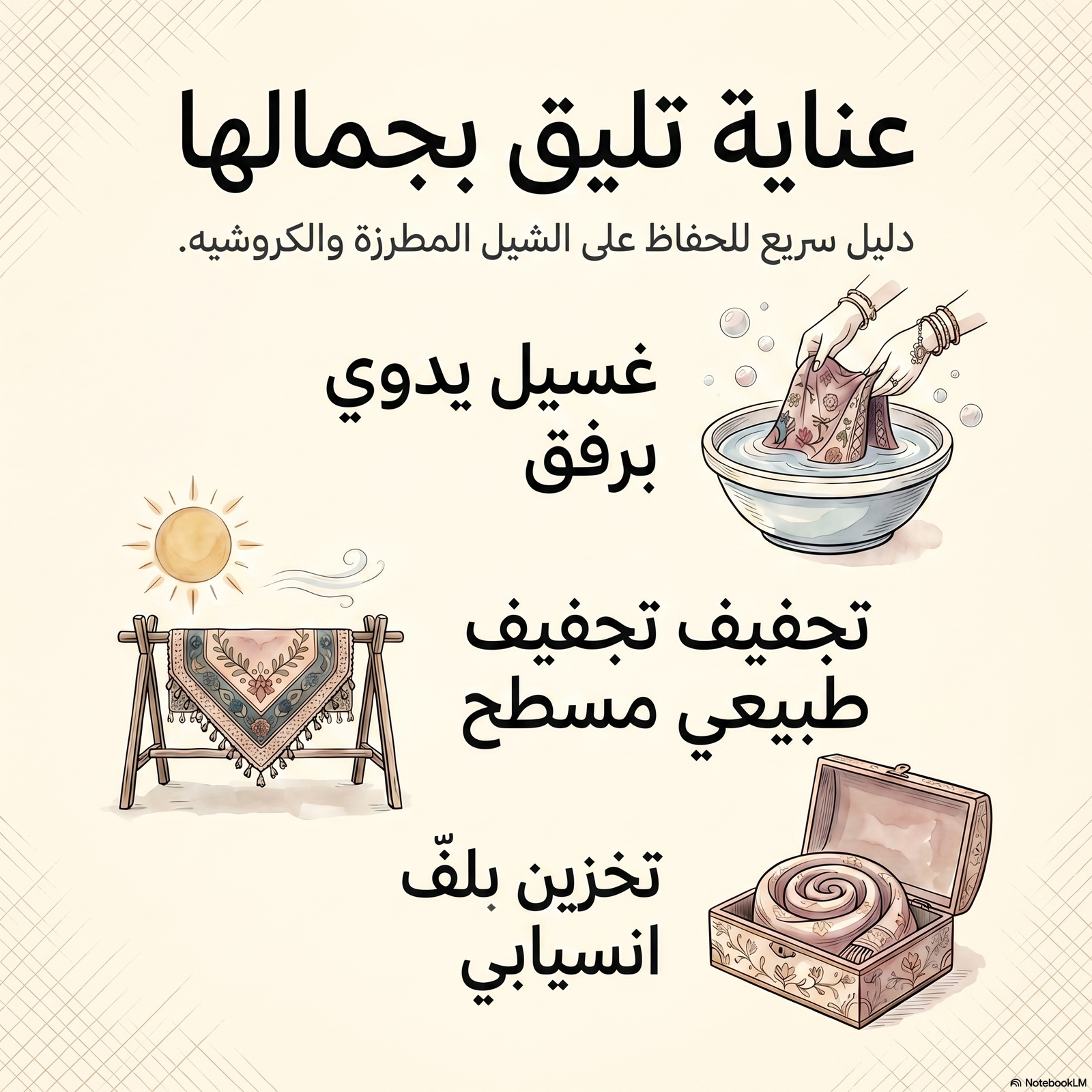 إنفوجرافيك يلخص العناية بالشيل المطرزة والكروشيه من شيله