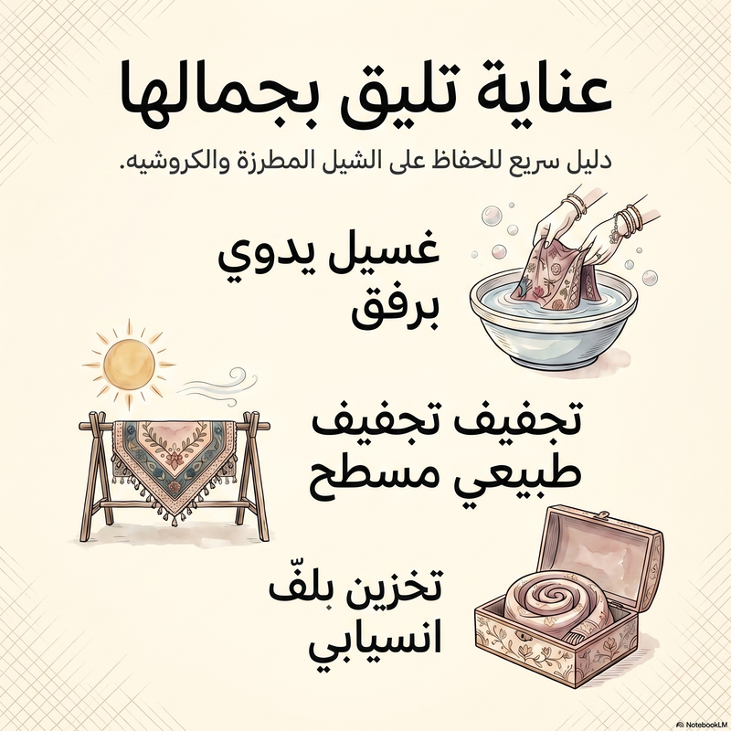 إنفوجرافيك يلخص العناية بالشيل المطرزة والكروشيه من شيله