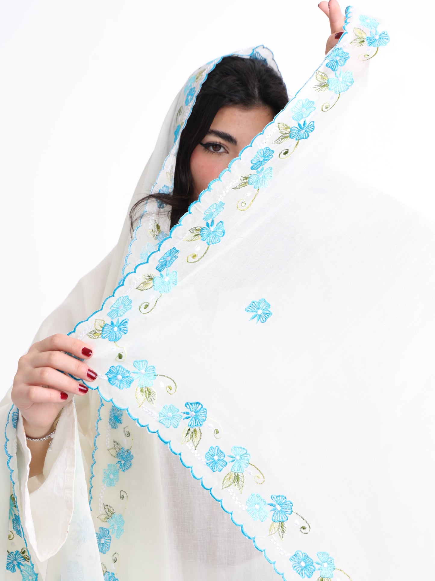 BD3-09 Border Embroidered Home Hijab — White