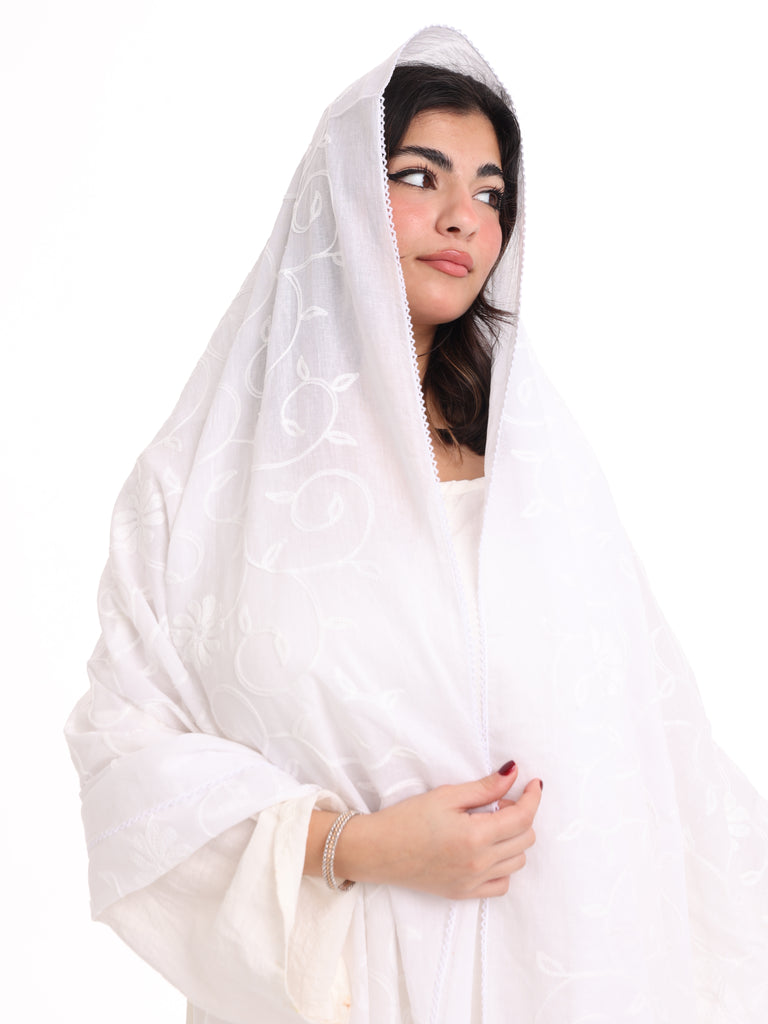BD3-04 Border Embroidered Home Hijab — White