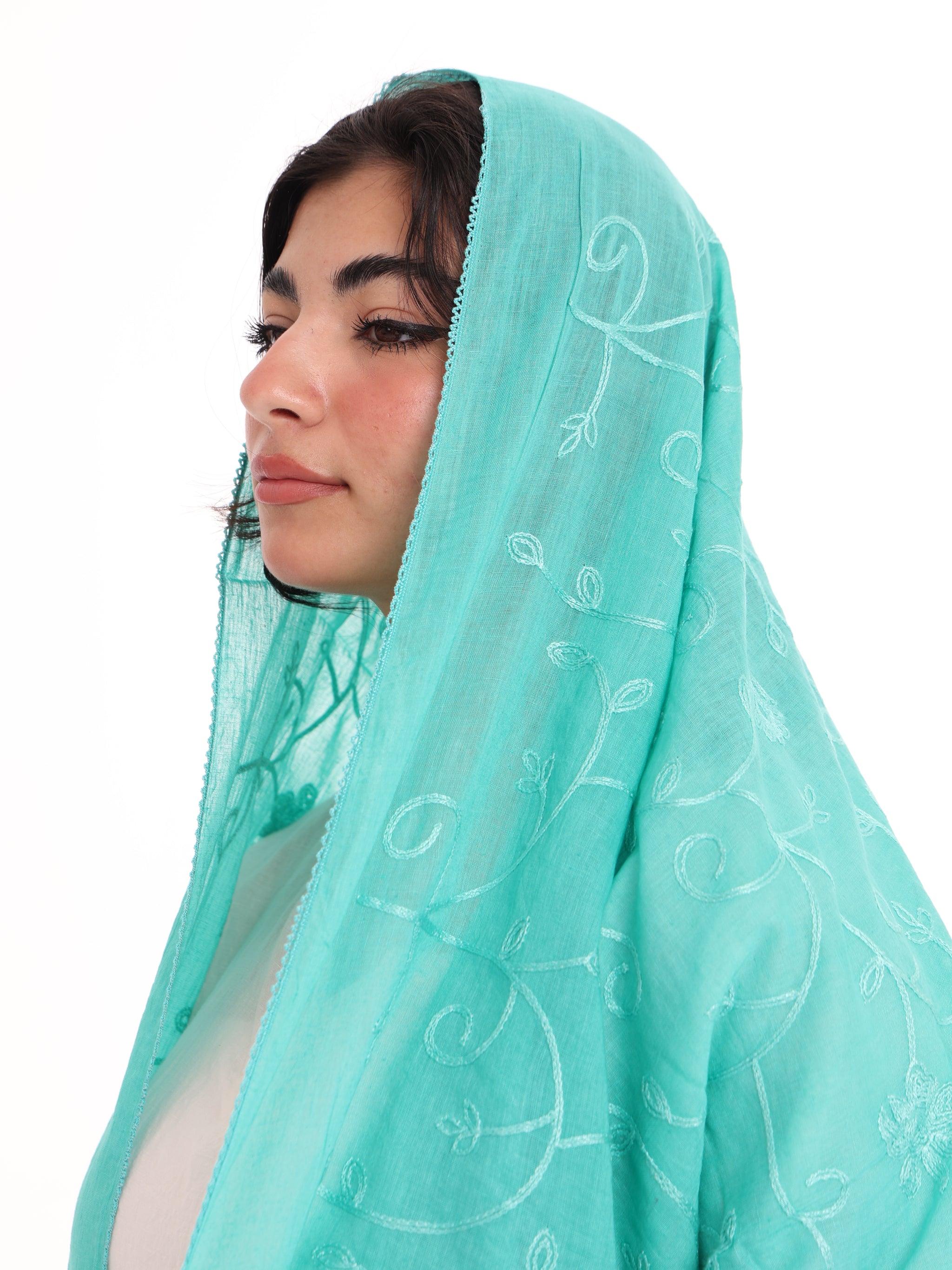 TR1_13 شيله مطرزة تركوازية عريضة