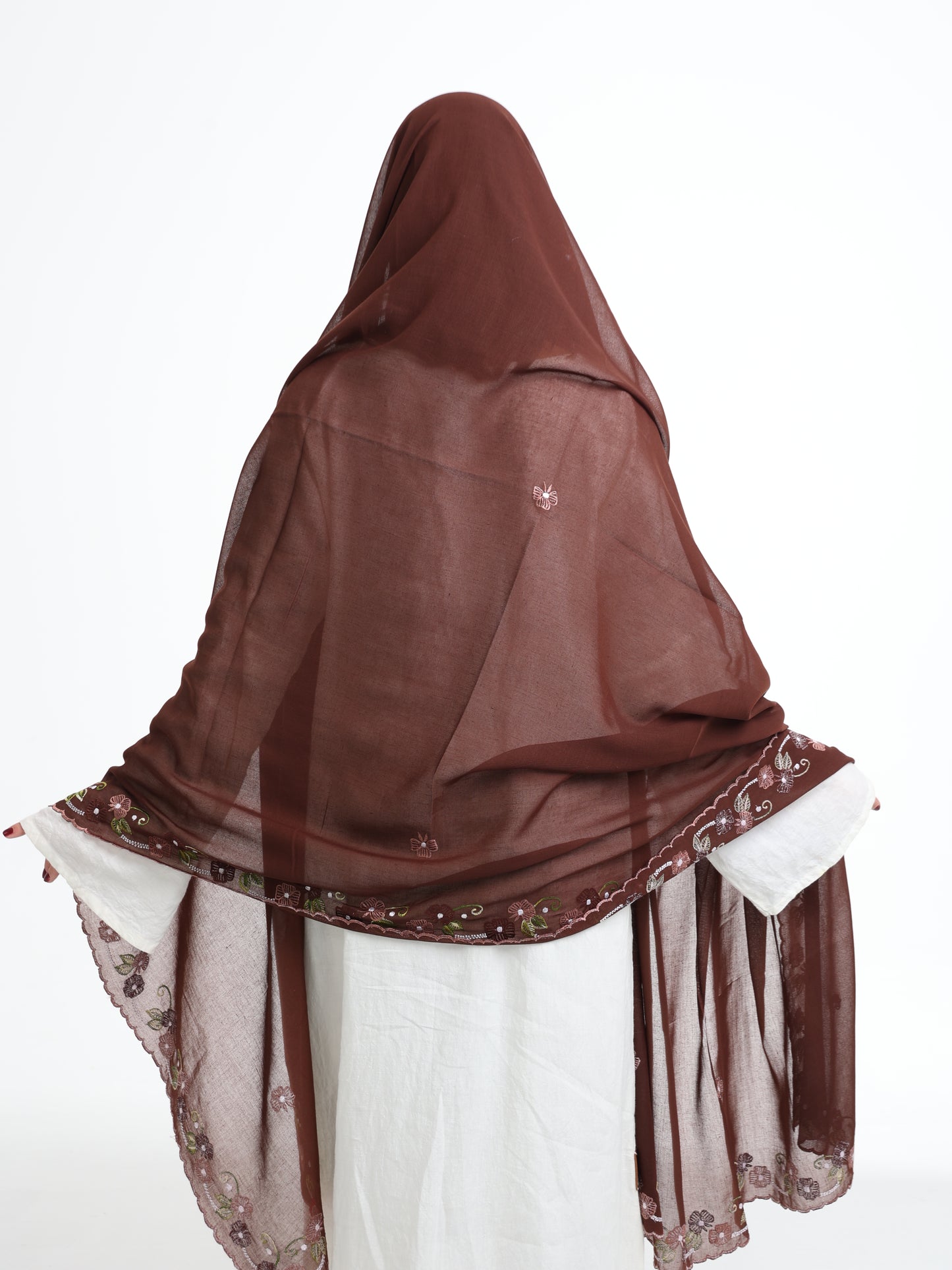 BD3-12 Border Embroidered Home Hijab — Brown