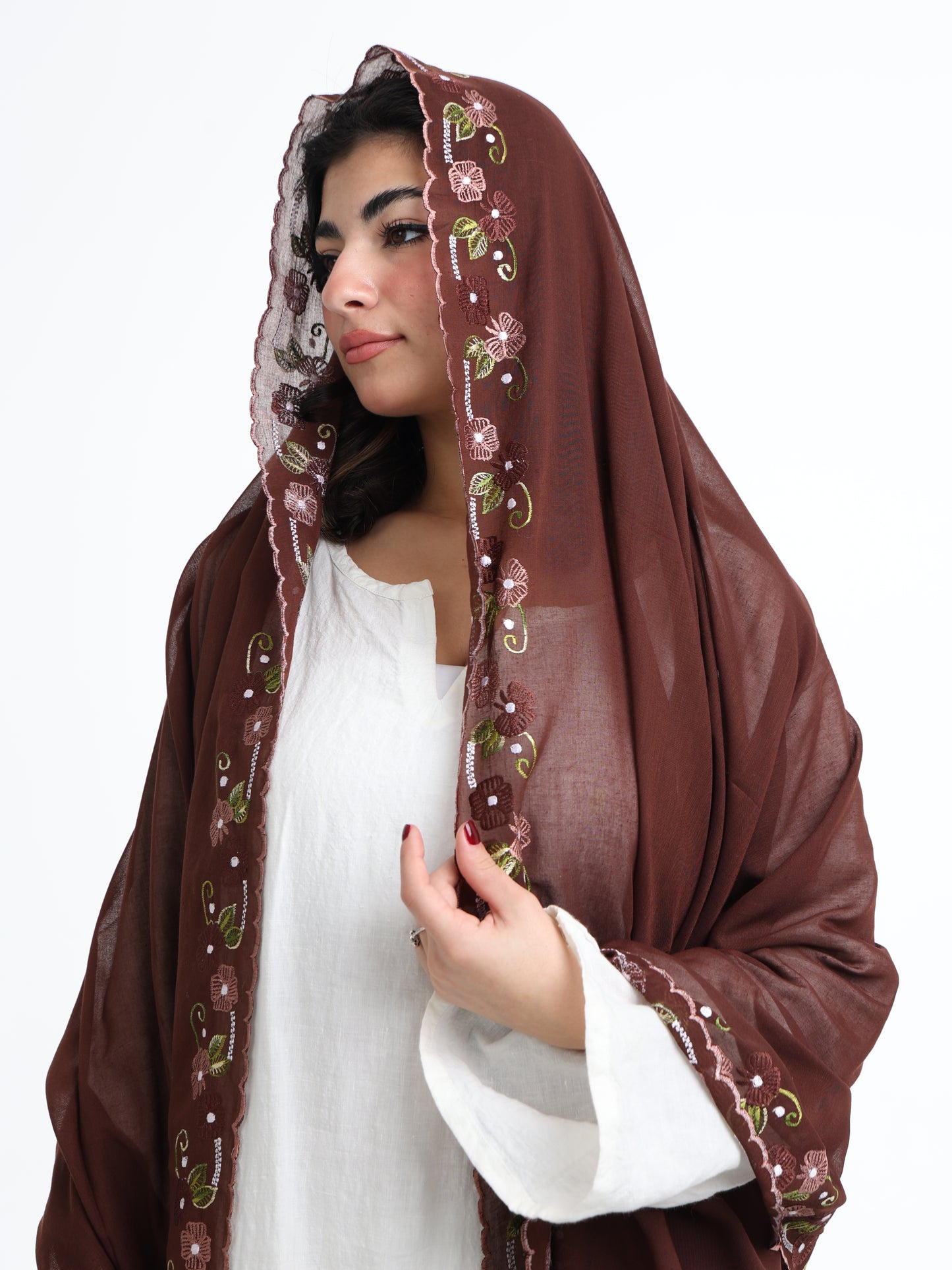 BD3-12 Border Embroidered Home Hijab — Brown