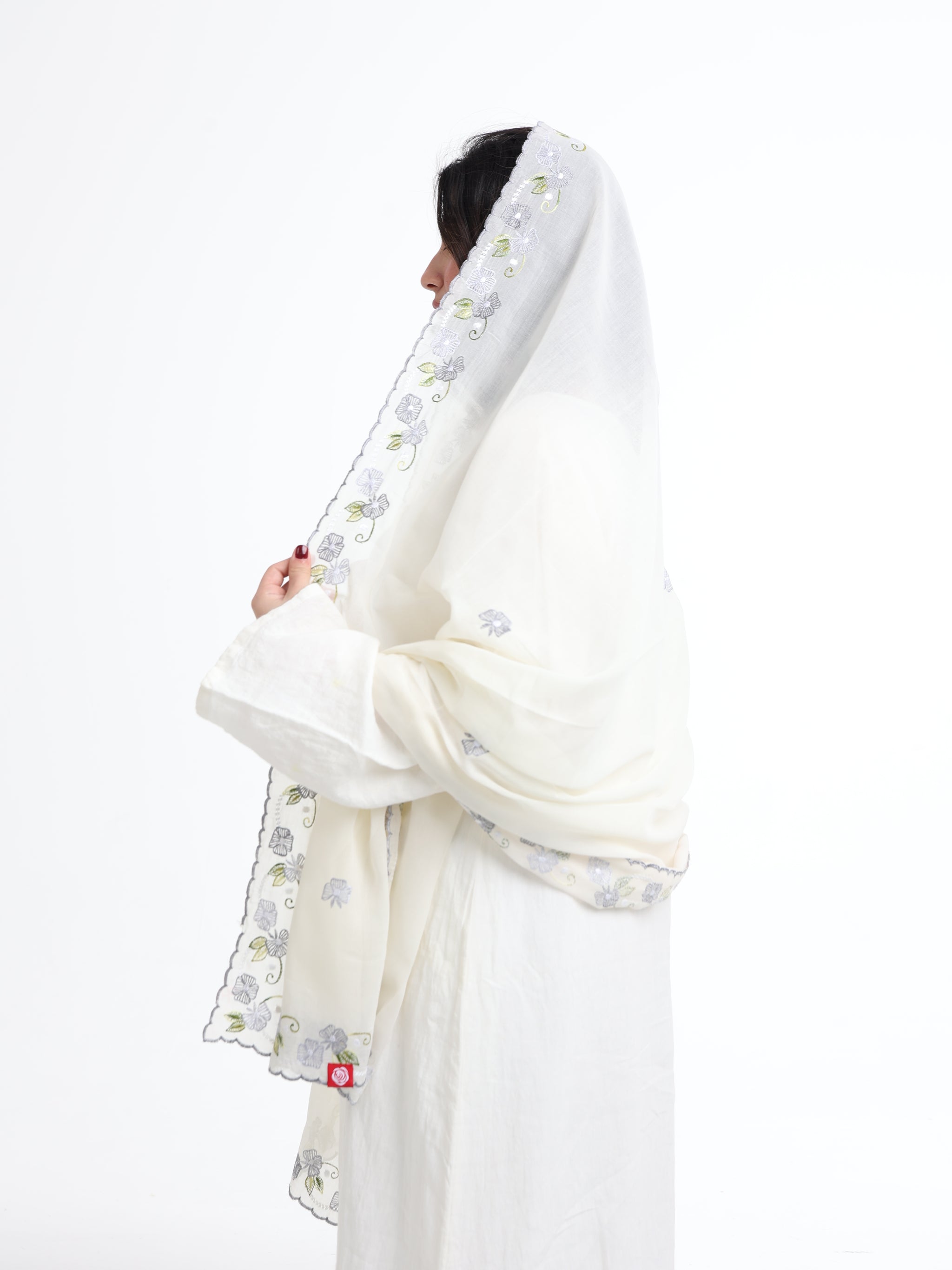 BD3-06 Border Embroidered Home Hijab — White
