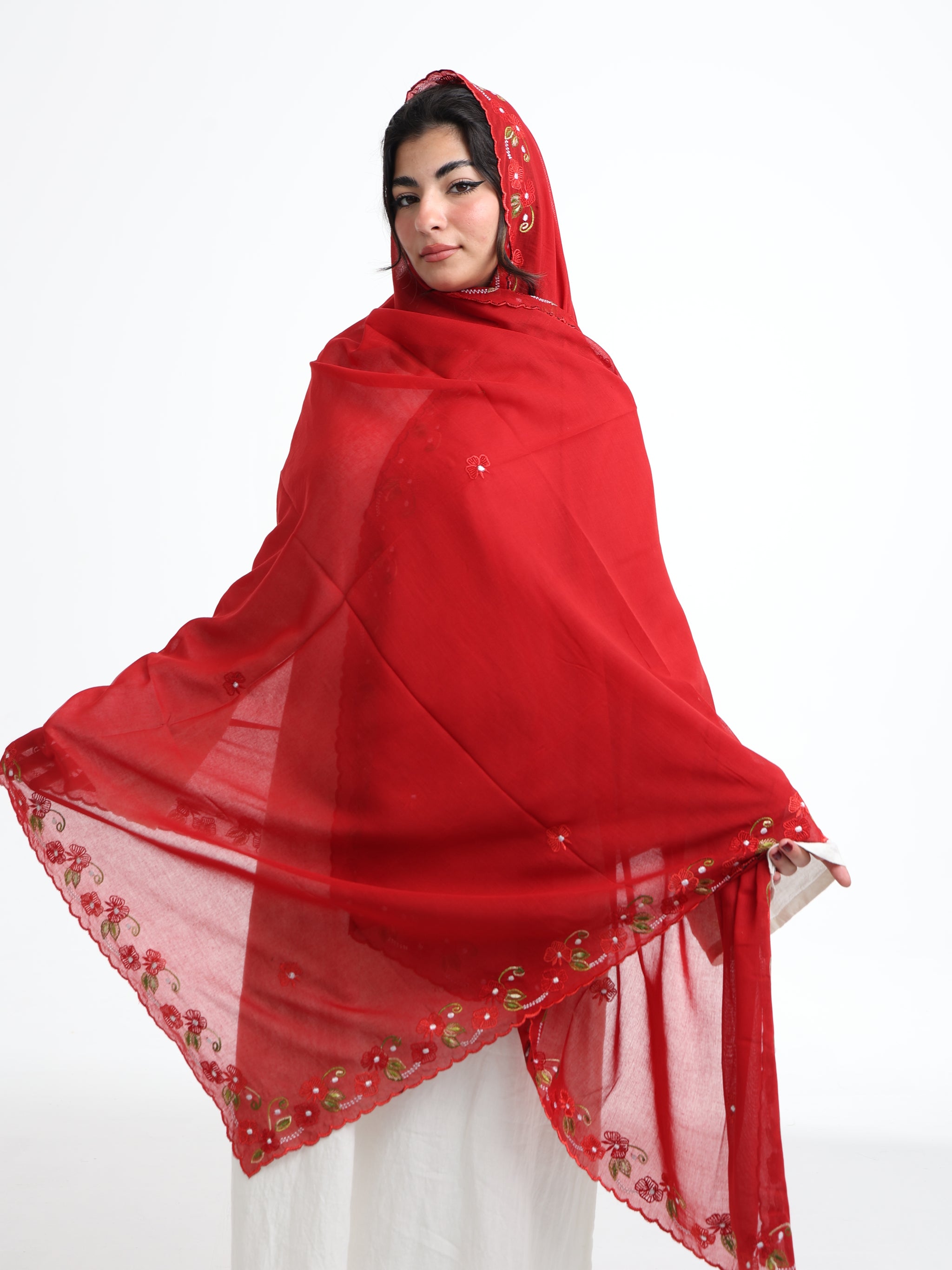 BD3-13 Border Embroidered Home Hijab — Red