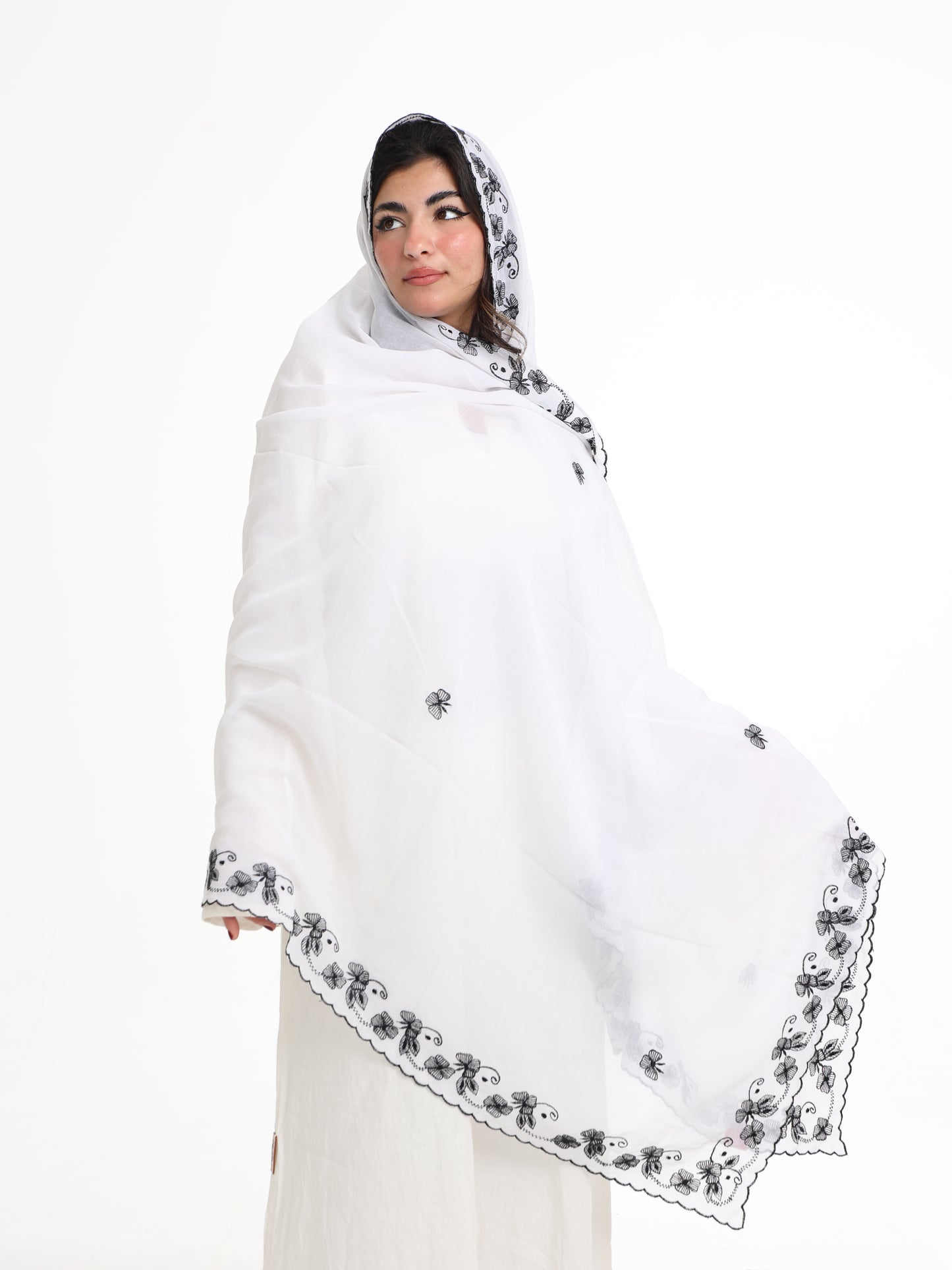 BD2-03 Border Embroidered Home Hijab — White