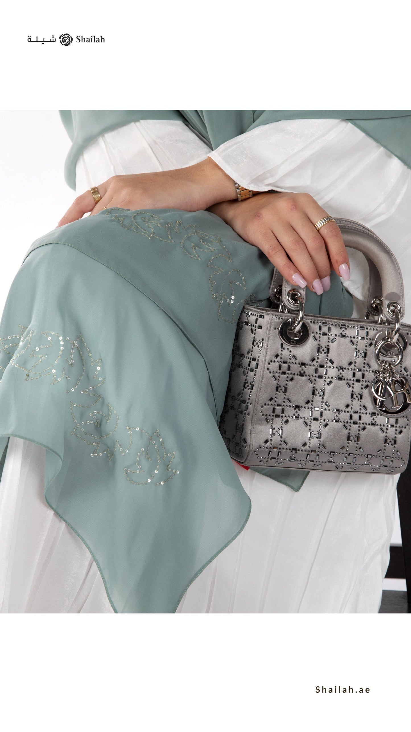 FK1-07 مضاوي أخضر مايل على رمادي - Shailah.ae شيلة